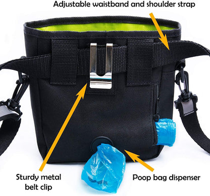 Dog Treat Bag, Training Pouch for Small and Large Dogs with Clicker and Collapsible Food Bowl BPA Free – Pet Treats Tote Bag with Waist and Shoulder Reflective Straps and Belt Clip