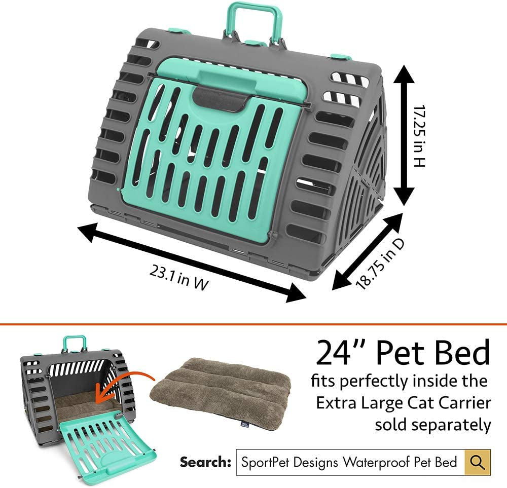 Sport Pet Designs Foldable Travel Cat Carrier - Front Door Plastic Collapsible Carrier Collection, Waterproof Bed