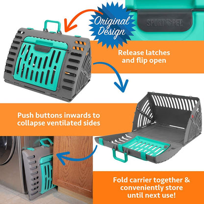 Sport Pet Designs Foldable Travel Cat Carrier - Front Door Plastic Collapsible Carrier Collection, Waterproof Bed