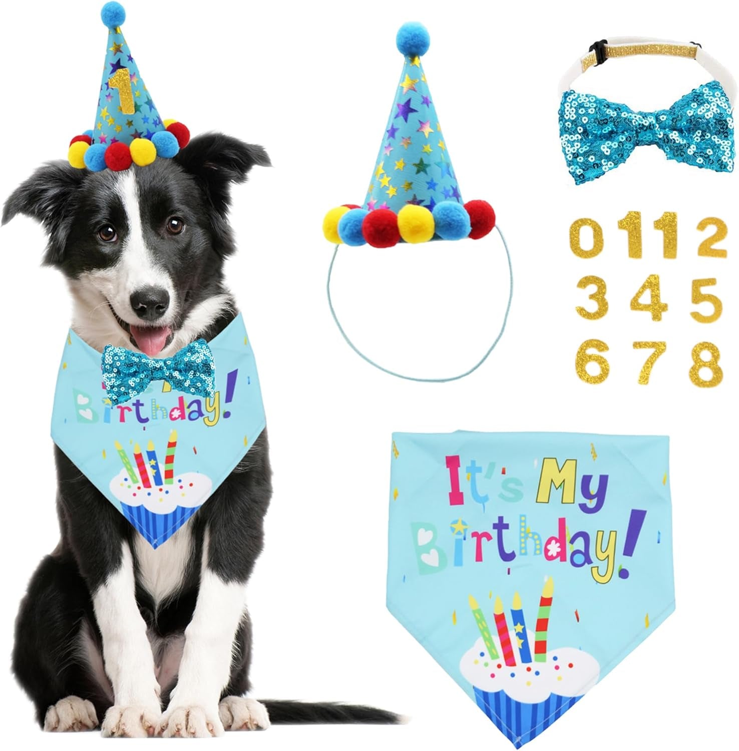 Dog Birthday Bandana Scarf and Dog Girl Boy Birthday Party Hat with Cute Dog Bow Tie for Medium Large Dog Pet (Large, Blue)